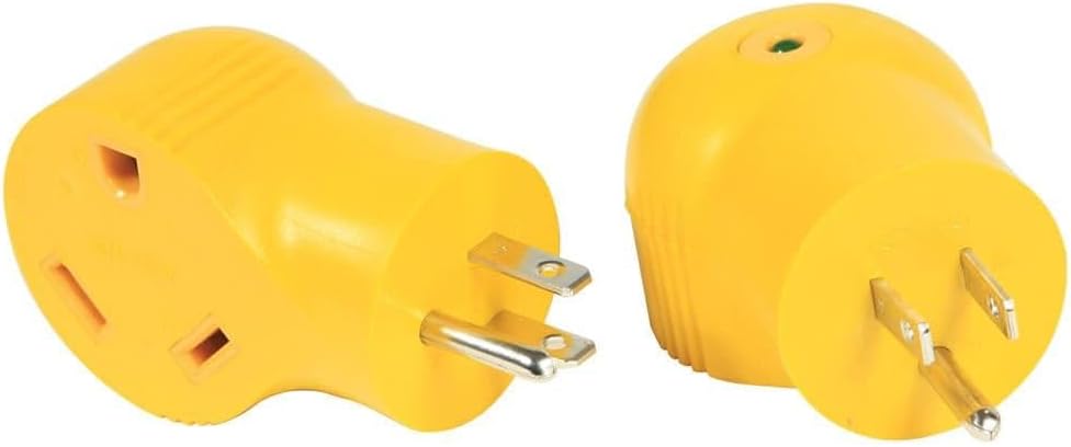 Adaptador eléctrico 90 grados macho 15AMP hembra 30AMP amarillo