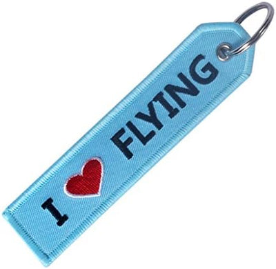 Llavero aviación bordado texto I Love Flying azul claro