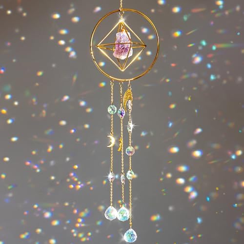 Atrapasoles de amatista y cristal con luz deslumbrante