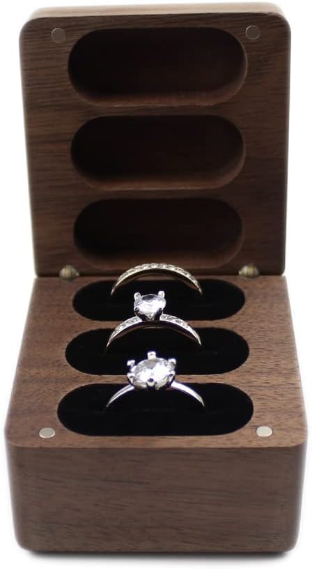 Caja anillos compromiso madera nogal 3 ranuras terciopelo