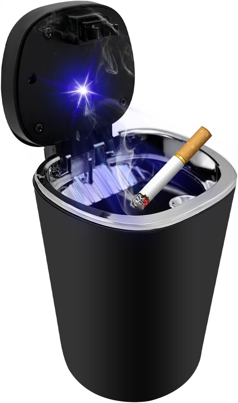 Cenicero auto acero inox con luz LED azul y bandeja desmontable
