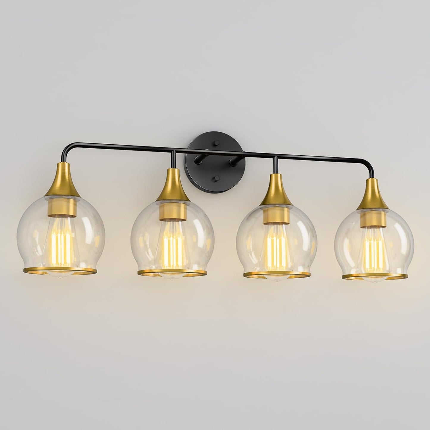 Lámpara baño 4 luces negro dorado vidrio sala pasillo