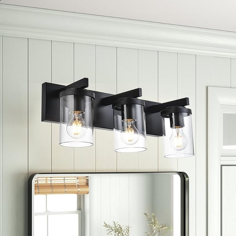 Lámpara tocador 3 luces negra vidrio transparente