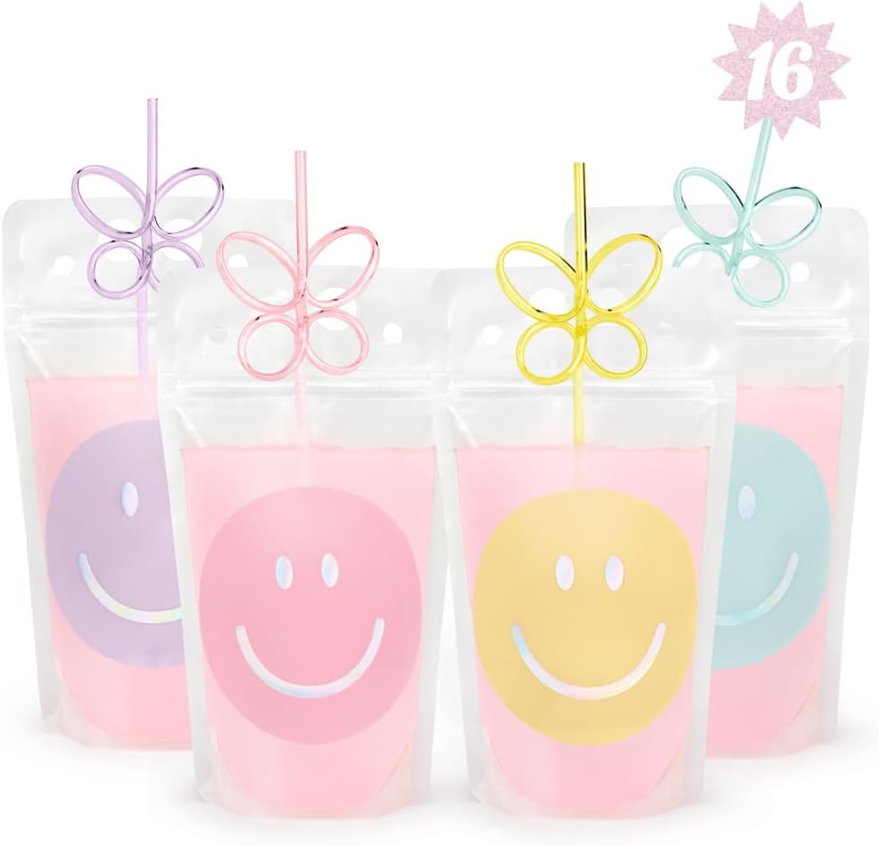 Bolsas bebida sonrientes con pajitas mariposa 16uds