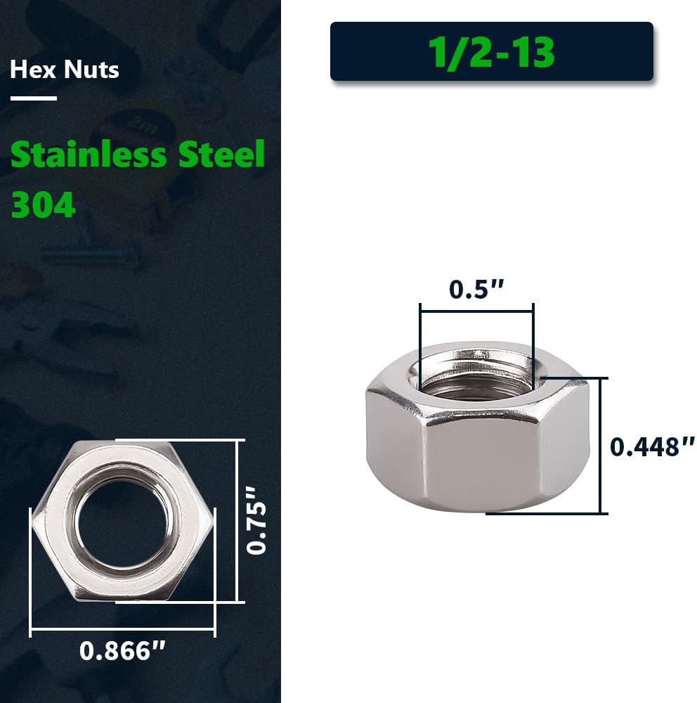 Tuercas hexagonales acero inox 1/2-13 pack 10