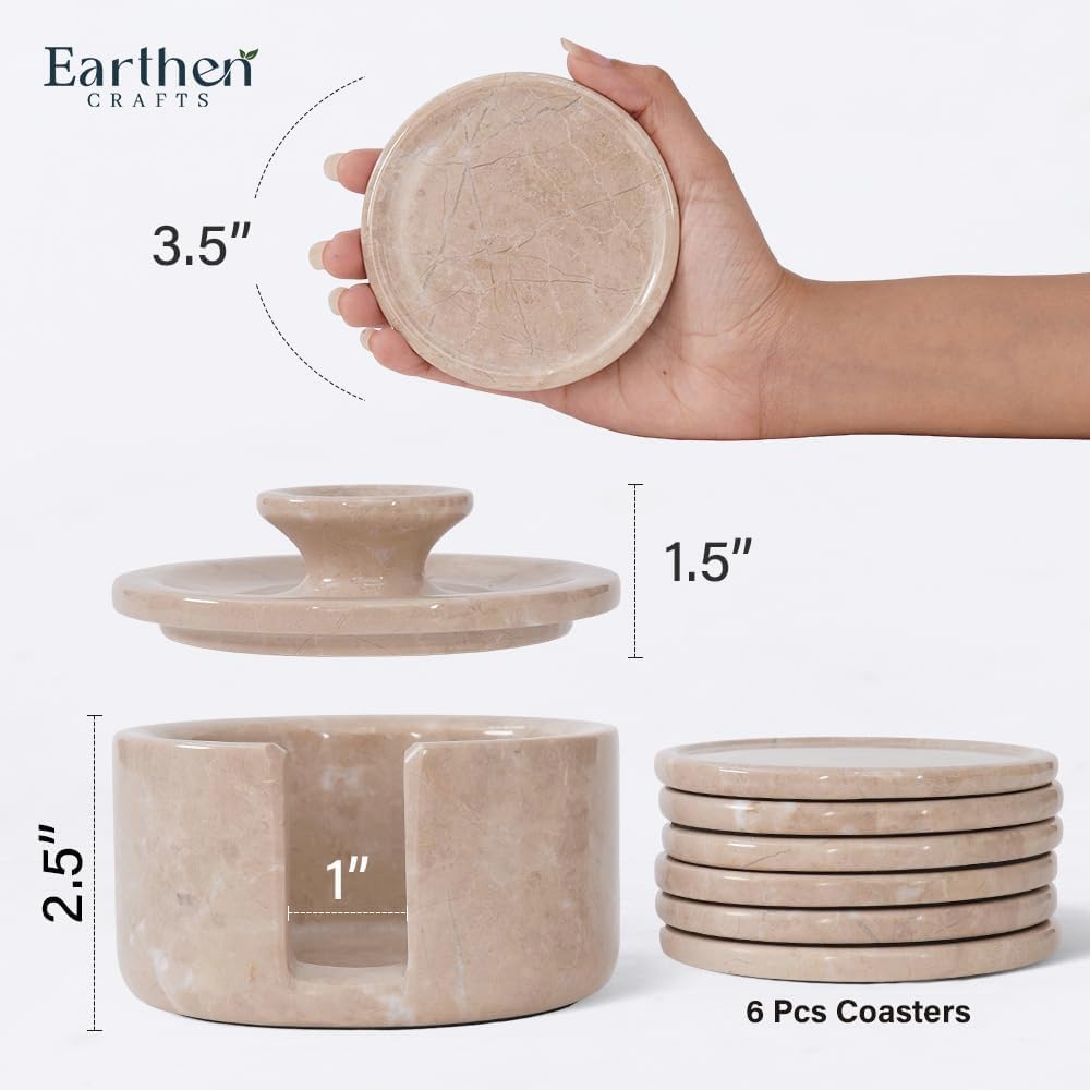 6 Pzas Posavasos Mármol Beige 3.5pulg Redondos con Soporte