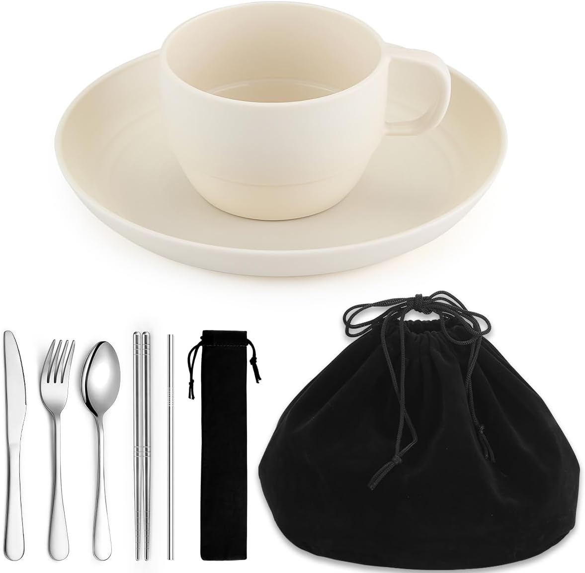 Set platos taza cubiertos viaje al aire libre blanco