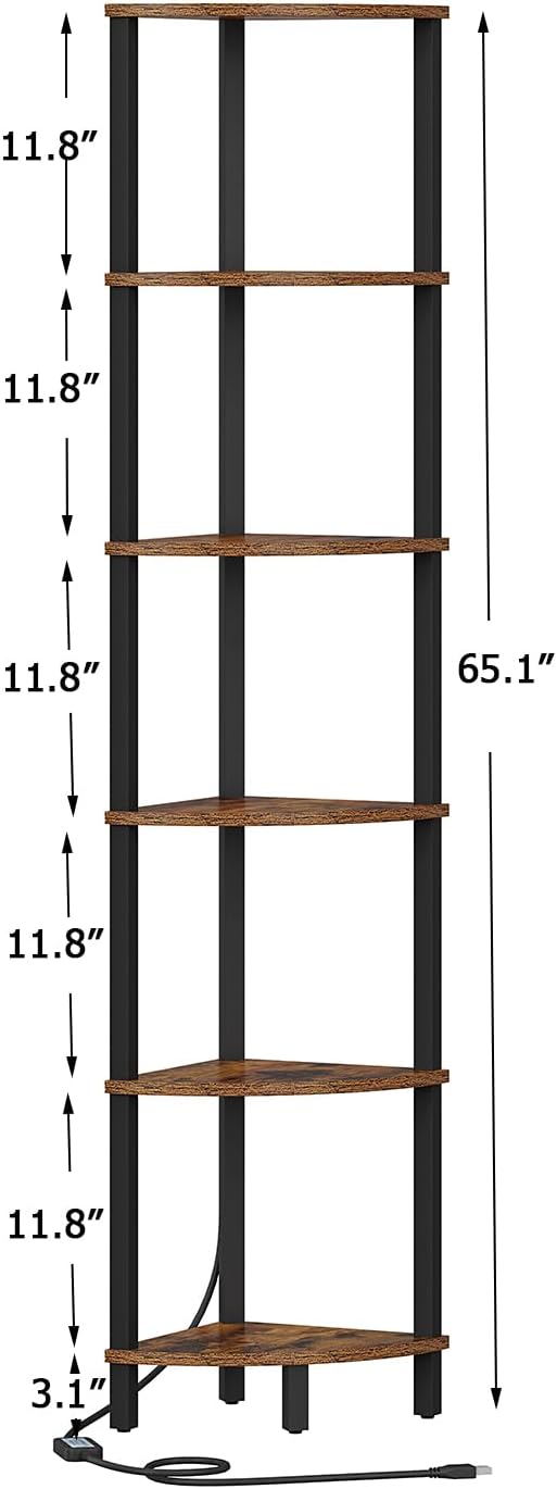 Estante esquinero 6 niveles con luz led rústico marrón y
