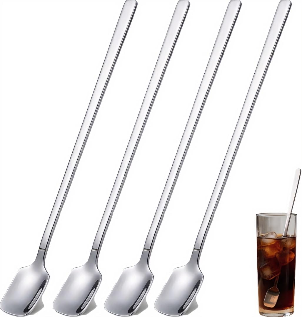 Juego de 4 cucharas largas de acero inoxidable para helado y café