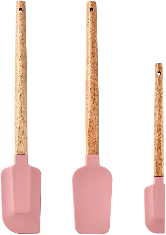 Set 3 Pzas Espátulas Silicona Mango Madera Rosa