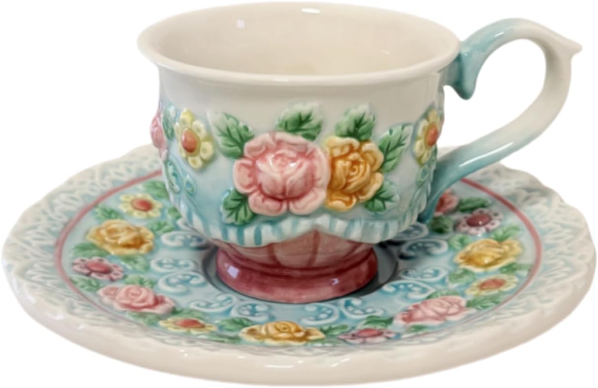 Set taza café y platillo cerámica pintada a mano 3oz