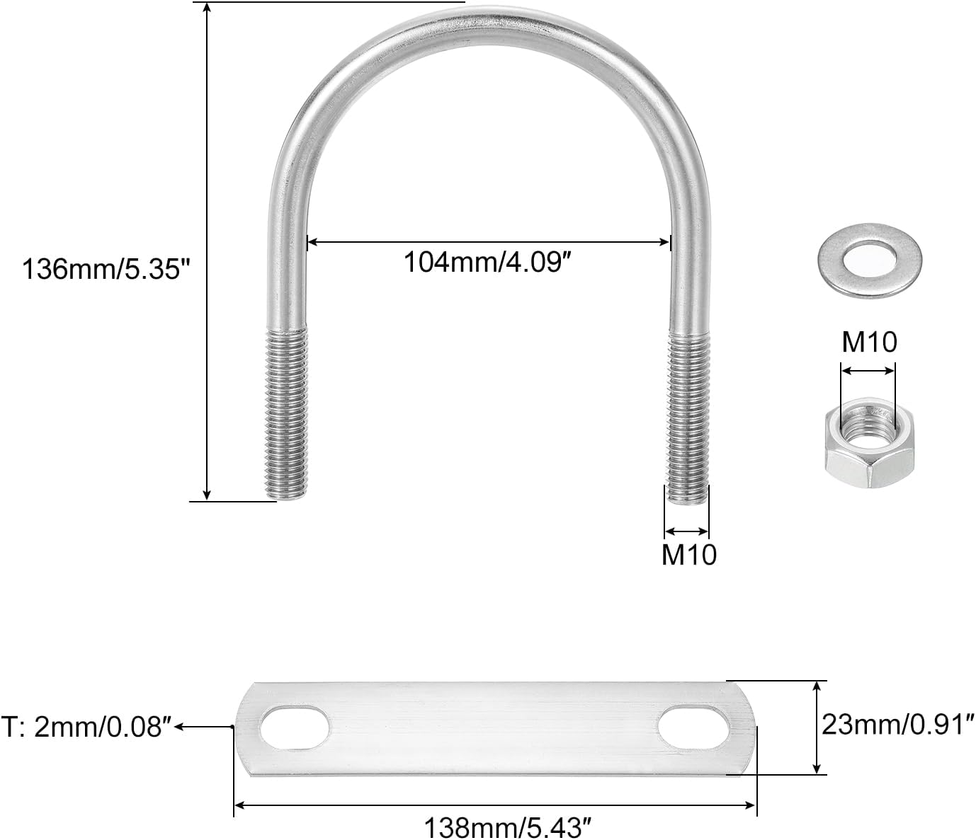 Pernos en U M10 acero inox 4.02pulg con tuercas para