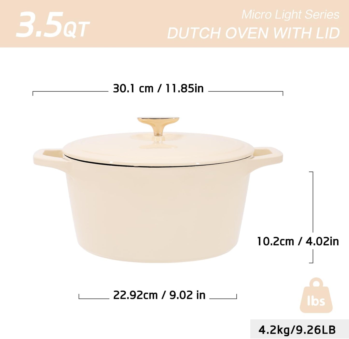 Horno holandés hierro fundido 3.5qt con tapa color queso