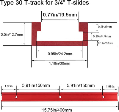 2 Pzas T-Track Aluminio 400mm 3/4 con Agujeros para Madera