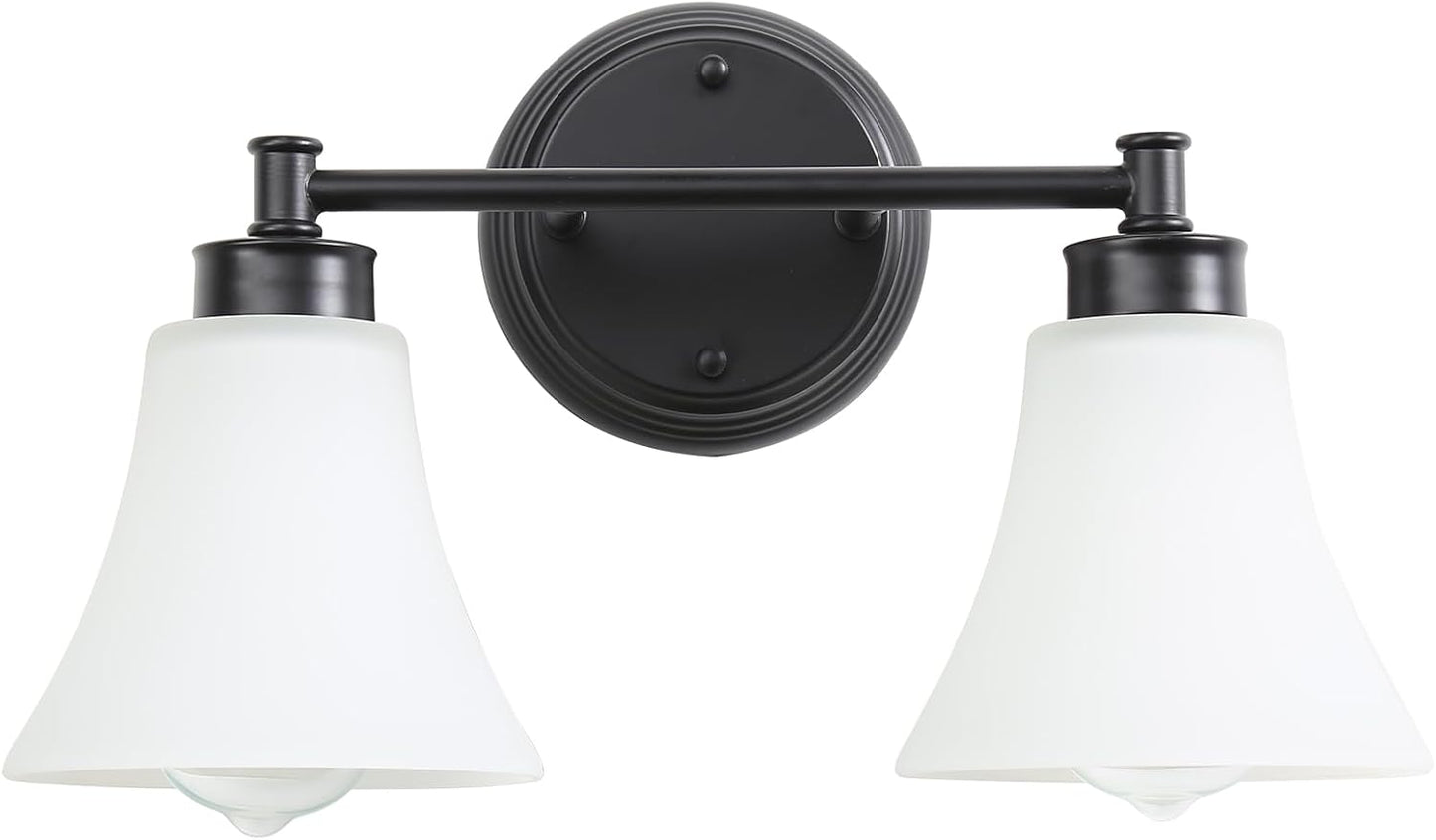 Lámpara baño 2 luces negro mate sobre espejo vidrio opalo