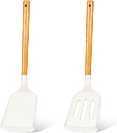 Set 2 Espátulas Silicona Calor Antiadherente Mango Madera