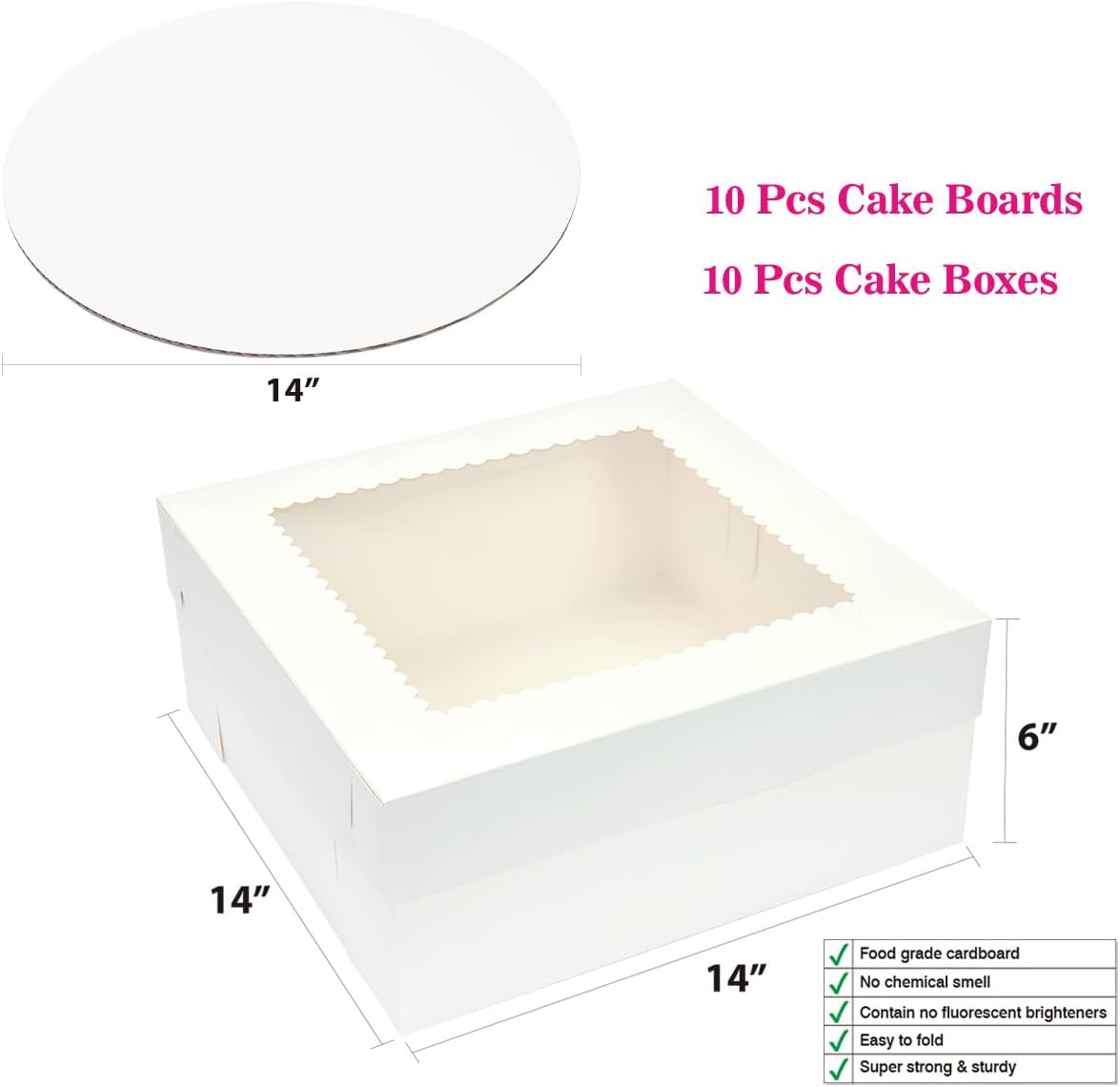 10 Cajas Pastel 14x14x6pulg con Tablas Blancas