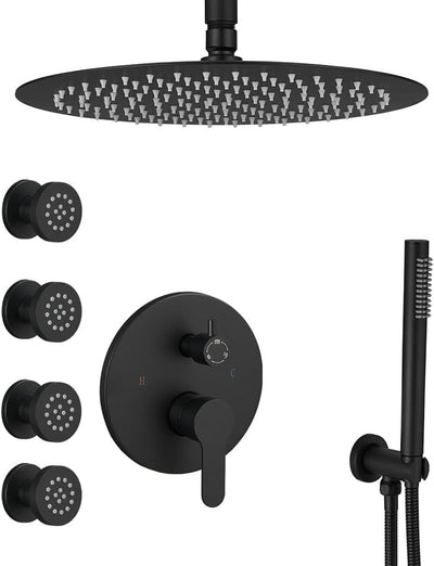 Set grifo ducha redondo negro mate 10pulg chorros corporales