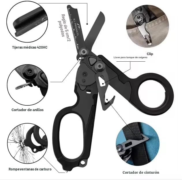 Tijeras trauma 6en1 plegables con cortador correa negro