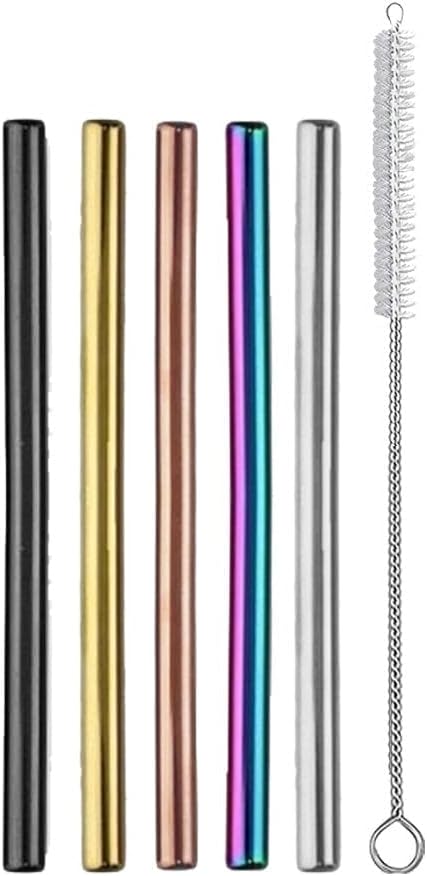 5 Popotes Acero Inox Reutilizables con Cepillo Multicolor