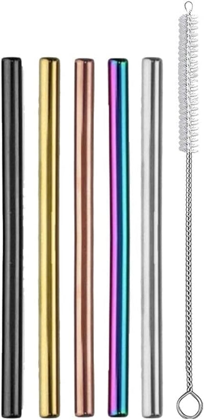 5 Popotes Acero Inox Reutilizables con Cepillo Multicolor