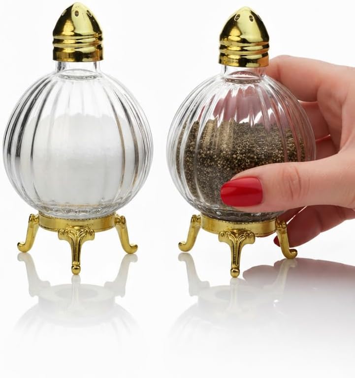 Saleros y pimenteros cristal globo soporte dorado plateado set 2