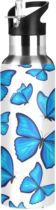 Botella agua acero inox sin BPA con pajilla mariposas azules