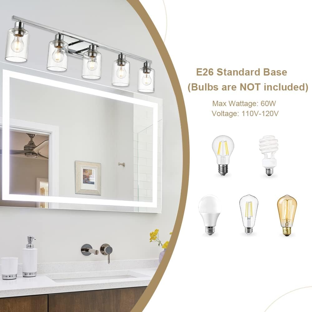 Lámpara baño 5 luces cromo vidrio cilíndrico transparente