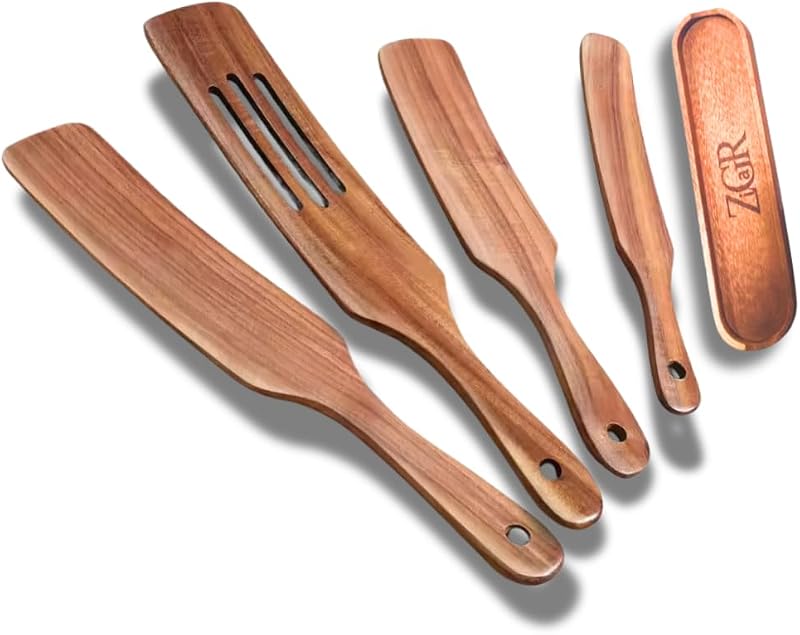 Juego 5 espátulas madera teca no tóxica resistente calor