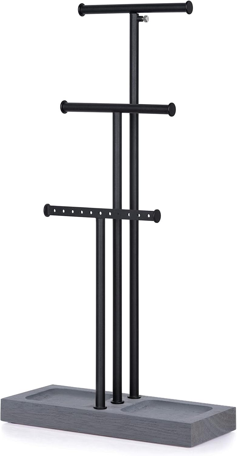 Organiz. joyas soporte metal base madera grande negro gris
