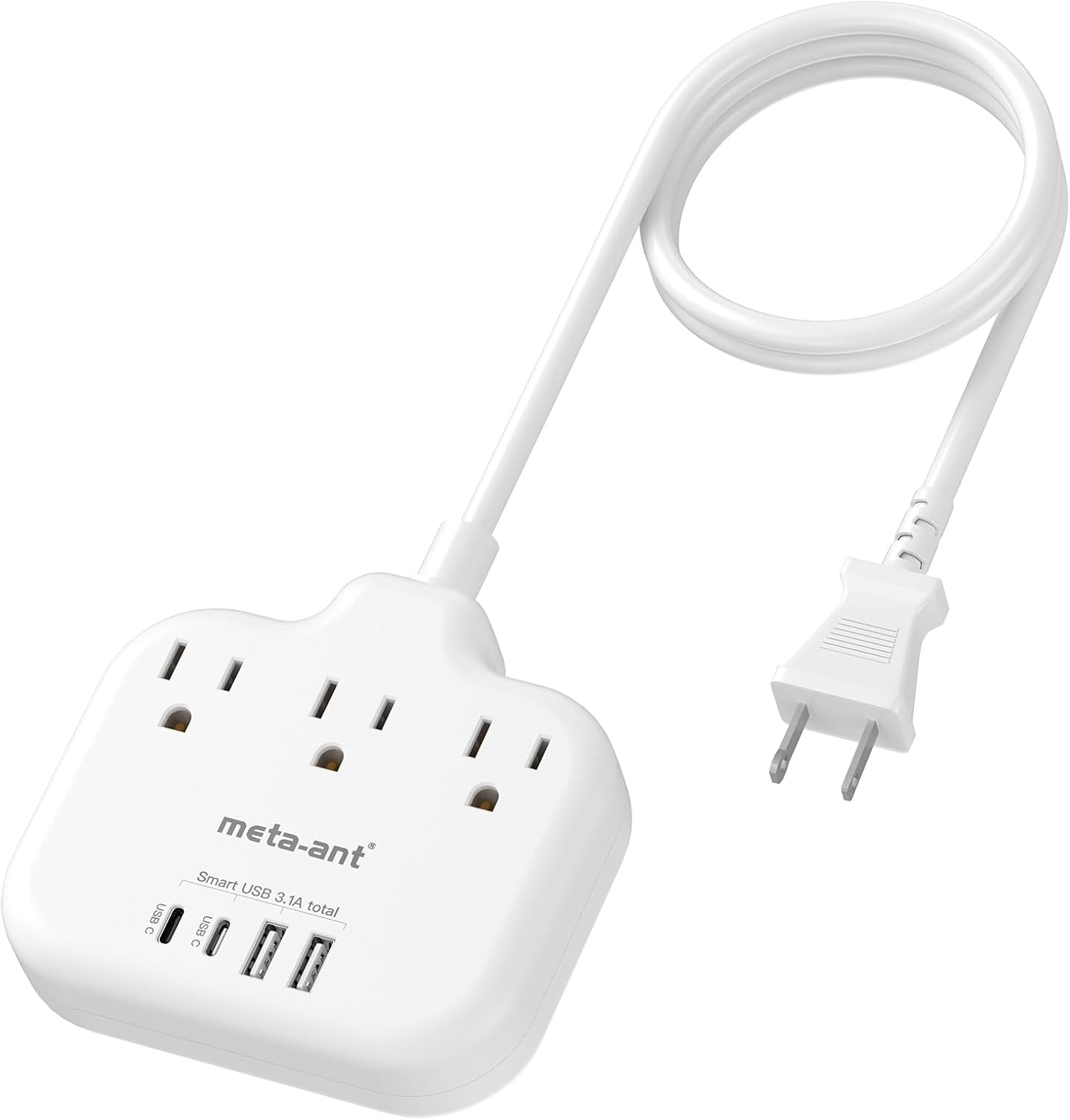 Adaptador 2 a 3 clavijas con 3 salidas y 4 USB 5ft blanco