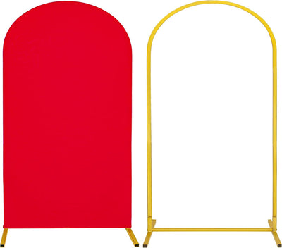 Soporte arco metal y telón elastano rojo para fiestas