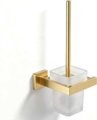 Set cepillo inodoro acero inox soporte pared dorado