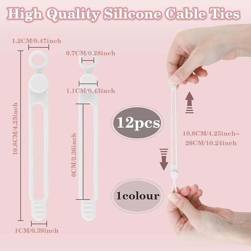 12 Pzas Correas Silicona Blanca Organizador Cable Elástico