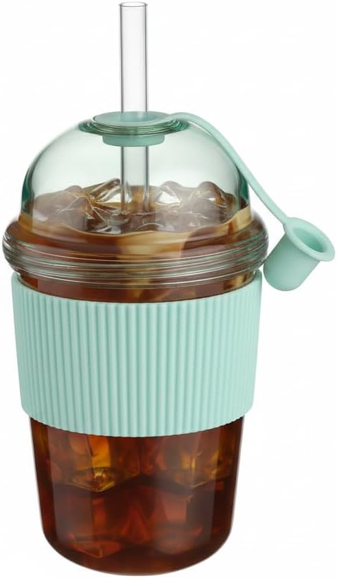 Tazas café Ices 14oz reutilizables con pajita y funda silicona azul