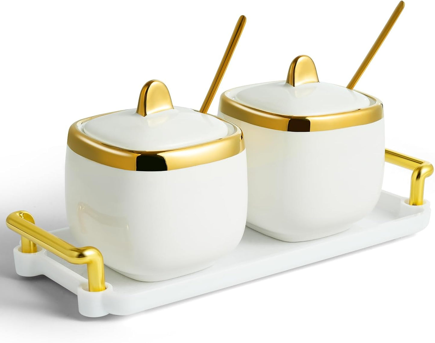 Azucarero cerámica set 2 con bandeja cuchara tapa dorado