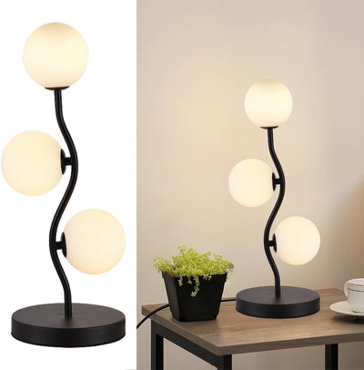 Lámpara mesa globo negro 3 luces pantalla vidrio leche