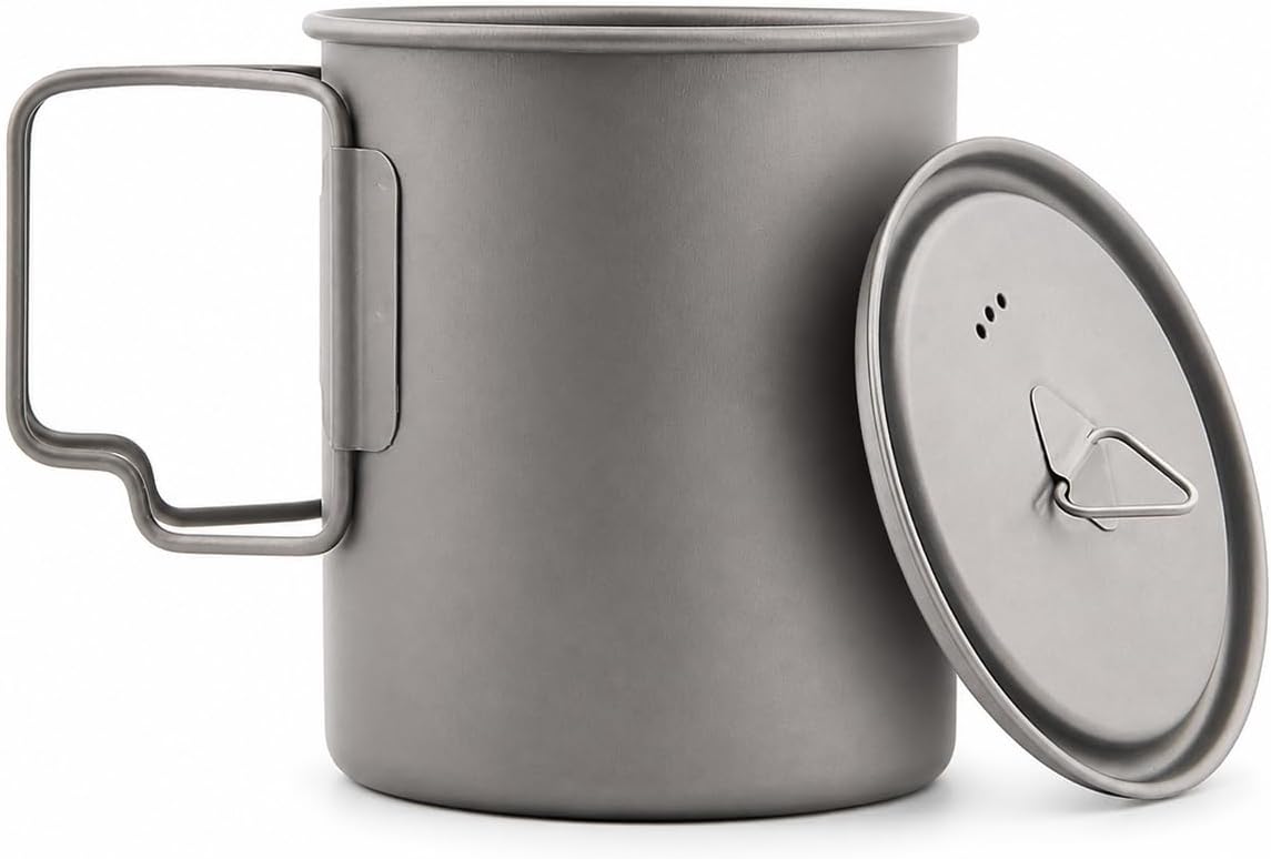 Taza titanio acampar 25oz con tapa asas plegables