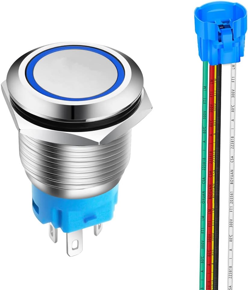 Botón momentáneo acero inox 0.75pulg 12v-24v led azul