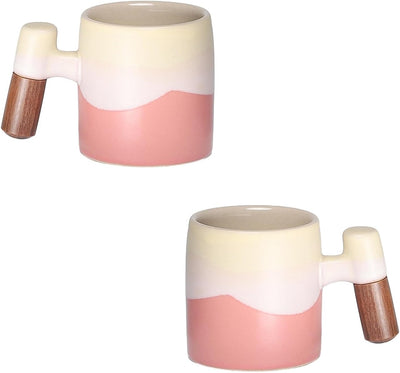 Juego de 2 tazas de café cerámica con mango de madera rosa