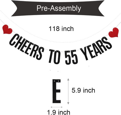 Pancarta purpurina negra texto 'cheers to 55 years'