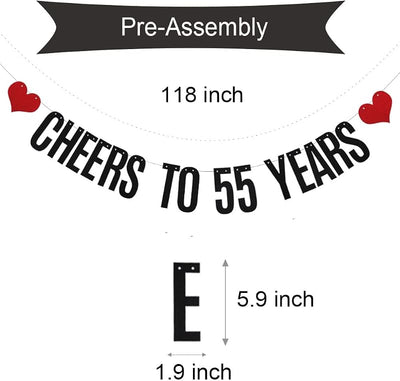 Pancarta purpurina negra texto 'cheers to 55 years'