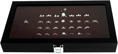 Caja exhibición anillos con vidrio negro 72 ranuras