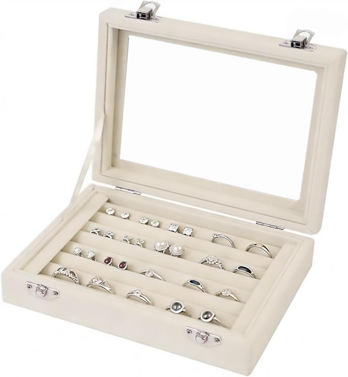 Caja terciopelo 7 ranuras con tapa transparente para mujer
