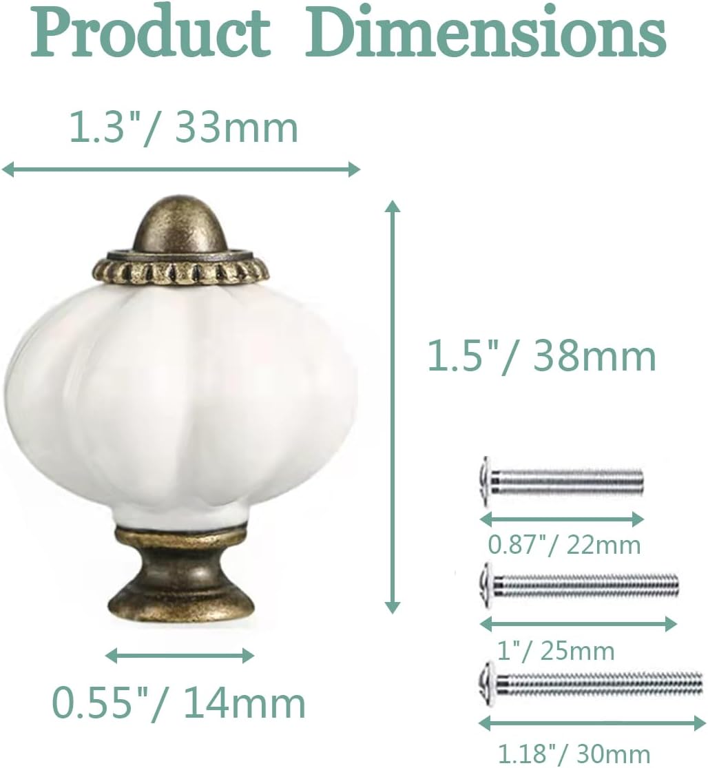 6 Pomos Cerámica Calabaza Blanca Vintage para Gabinetes y Cajones