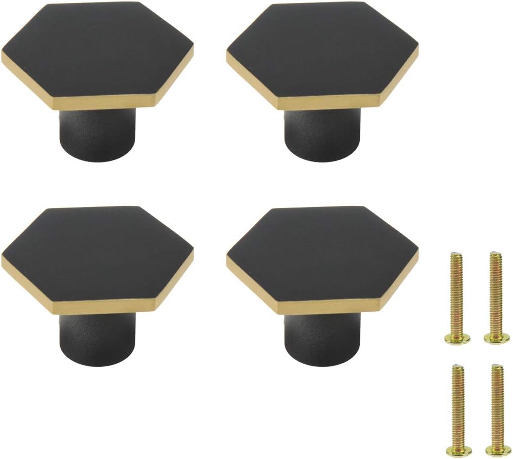 4 Pzas Pomos Cobre Sólido Cajones Hexagonal Negro Dorado