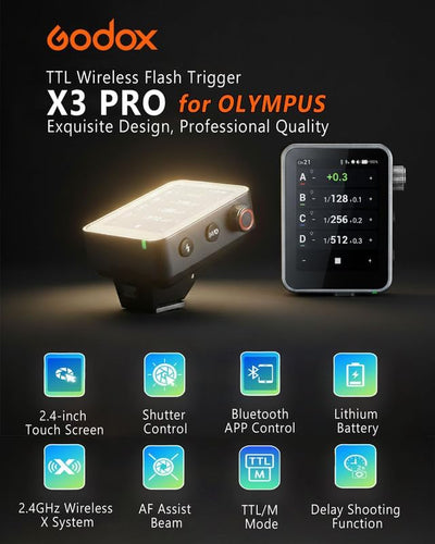 Disparador flash inalámbrico Olympus Bluetooth pantalla táctil