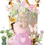 Decoración pastel hadas temática jardín puerta rosa