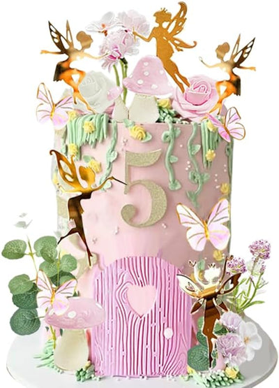 Decoración pastel hadas temática jardín puerta rosa