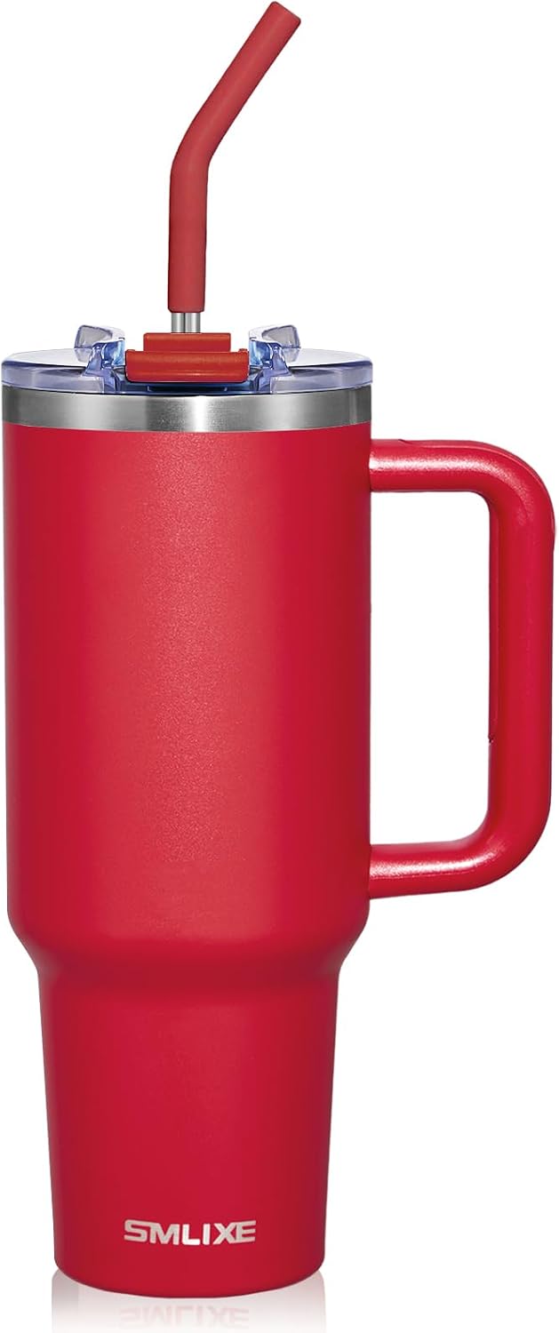 Vaso acero inox 40oz con asa tapa popote taza viaje rojo